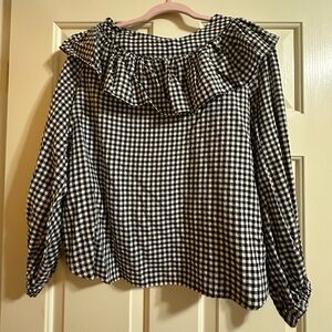 Zara Sz L Houndstooth Blouse w/Ruffle